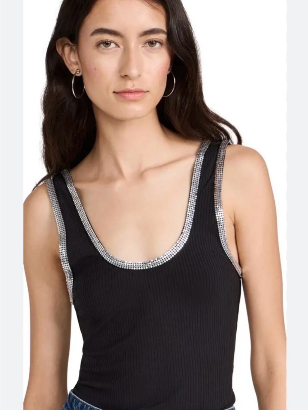 Simkhai Black Ribbed Scoop Tank with Silver Sequin Trim